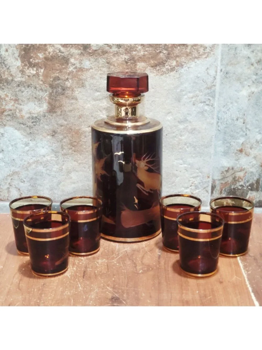 Vintage Bohemian Czech Amber Glass Decanter Etched Deer Stag Motif 24K Gold Trim